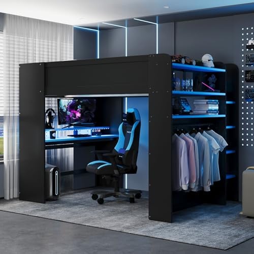 VilroCaz Moderno letto a soppalco da gioco, con scrivania e armadio regolabili in altezza, struttura letto a soppalco in legno con striscia luminosa e ripiani multiple, ottimizza il risparmio di