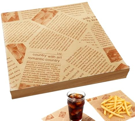 YIHAOH 100 Stück Backpapier Zeitungsoptik, 25 * 25 Cm Burger Papier, Wasserfestes und Fettabweisendes Käsepapier, Geeignet für Burger, Butterbrote, Pommes Frites, Kuchen und Sandwiches