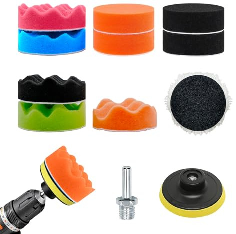 12 Pcs Car Drill Polishing Pads 3 Inch (7.6cm), Foam Buffing Pads with M10 Drill Adapter & Backing Plate, Reusable Polishing Kit for Car Waxing and Polishing