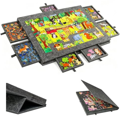 Kippbarer Puzzletisch, Tragbarer Puzzlebrett mit Abdeckung und 6 Schubladen, Drehbares Puzzlebrett für 1000 Teile, 77 x 53cm Puzzletisch, Superleichtes Filz Puzzle Table mit 2-in-1 Ständer (Dark Grey)