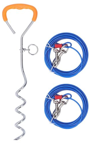 Hunde-Anbindepfahl, Doppelkopf-Hundeleine aus Stahldraht, Anti-Verlust-Hundeleine, Zelt-Bodenankerschraube mit PVC-beschichtetem Kabel, um 360 Grad drehbare Clips für Camping am (5 mm x 10 m,