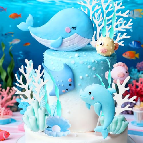 Unter dem Meer Geburtstagstorten Dekorationen Meer Ozean Partygeschenke | Unter dem Meer Geburtstagstorten Dekorationen Meer Ozean Partygeschenke für Babyparty Geburtstagsparty zum Thema Ozean (Blue)