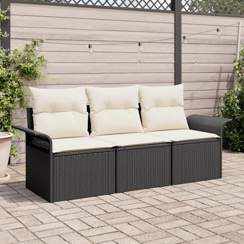 IBUQDDV 3-teilige Garten-Sofa-Garnitur mit Kissen in Schwarz und Creme aus robustem Poly-Rattan, wetterbeständiges Outdoor-Set für Terrasse und Balkon mit modularem Design