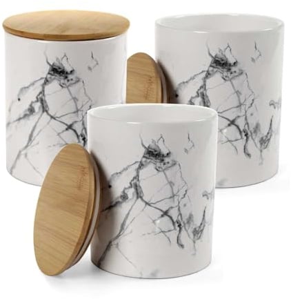 Set 3 Barattoli di Ceramica - Tappo in Legno, Ermetico, Rilievo, Decorati, Bianco, Nero, Marmo, Minimalista, Cucina, Contenitori Spezie, Sale, Zucchero, Caffè (Effetto Marmo, 13 x 13 x 17 cm)