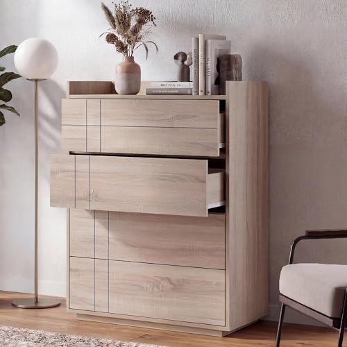Mendler Kommode HWC-P44, Sideboard Schrank Anrichte, 4 Schubladen Push-to-Open, MDF 107x80x40cm - Sonoma-Eiche-Optik