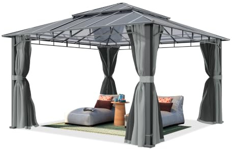TOOLPORT Gartenpavillon 4x4 m Alu-Rahmen, Polycarbonat Dach ca. 8mm, grau | Seitenteile & Moskitonetze - ganzjährig nutzbar - stabiles Hardtop-Dach - 100% wasserdicht - breite 9x9 cm Vierkantpfosten