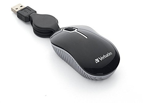 Verbatim Kabelgebundene optische Computer Mini USB-A Maus – Plug & Play Schnurgebundene kleine Reisemaus mit einziehbarem Kabel – Schwarz 98113