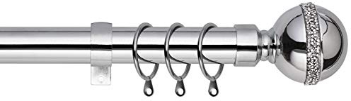 Bling Ball Extendable Curtain Pole. Includes Pair Of Superior 60mm Size Finials, Rings, Brackets & Fittings Set. (Chrome, 120cm - 210cm, 48 inch to 83 Inch)