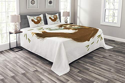 ABAKUHAUS Faultier Tagesdecke Set, Fröhlich Tier auf Baum, Set mit Kissenbezügen Waschbar, für Doppelbetten 220 x 220 cm, Khaki Grau