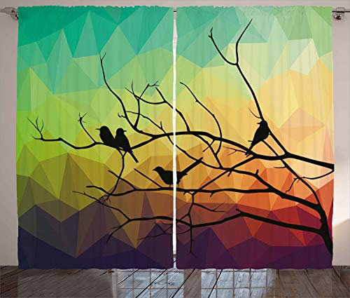 ABAKUHAUS Modern Rustikaler Gardine, Abstrakt Vogel und Zweig, Schlafzimmer Kräuselband Vorhang mit Schlaufen und Haken, 280 x 225 cm, Orange Schwarz