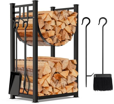 Amagabeli Kaminholzregal mit 4 Kaminwerkzeug 80cmx40cmx30cm für Innen Außen Holzscheithalter mit Hohes Holzscheitregal Kamin Holzlager Stapeln mit Schmiedeeisenwerkzeugen Schwarz