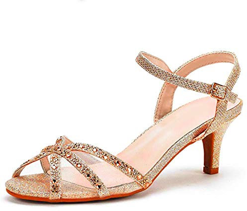 Womens Diamante High Heel Mules Ladies Bridal Wedding Shoes Evening Party Prom Occasion Heeled Strappy Sparkly Dress Sandals Ankle Strap Fashion Heels Shoes Rose Gold Glitter