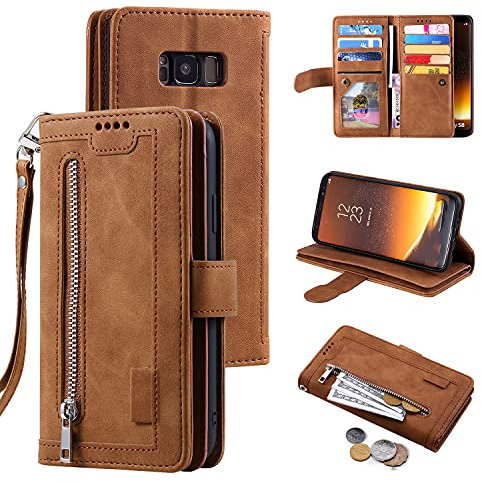 EYZUTAK Handyhülle für Samsung Galaxy S8 Hülle,Flip Case Lederhülle Reißverschluss Magnetverschluss Brieftasche mit 9 Kartenfächern Standfuntion Retro Matt Ledertasche-Braun