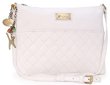 Catwalk Collection Handbags - Damen Umhängetasche Mittelgroß - Crossbody Bag/Handtasche - Gesteppte Leder - Verstellbarer Gurt - SADIE - Weiß