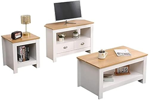 Homeke Lancaster Living Room 3 piece Set Lamp Table Side Table Coffee table with Shelf 2 Drawers Corner TV Stand (White+Oak)