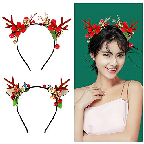 Bandeau de Noël 2 Pièces Avec Fleurs Elk Deer - Chapeaux et Accessoires de Cheveux pour Adultes, Femmes et Filles - Accessoires de Fête de Vacances