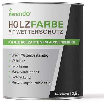 derendo Holzfarbe schwarz außen wetterfest Wetterschutzfarbe Holz 2,5L RAL 9005 seidenglänzend Holzlack schwarz Außenbereich Holzschutzlasur hohe Deckkraft