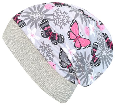 Wollhuhn Öko Warme Kuschelige Winter Jungen/Mädchen Winter Beanie-Mütze Mit Fleecefutter Versch. Motive (aus Öko-Stoffen, Bio) 20220666 (Schmetterlinge Grau-Rosa, S)