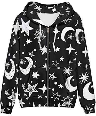 SCRAWLGOD Damen Zip Up Hoodie Oversized Sweatshirt Casual Langarm Tops Jacke mit Taschen, Stern und Mond Schwarz, 36