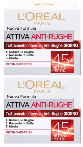 L'Oréal Paris Attiva Anti-Rughe Crema Giorno Viso Trattamento Intensivo 45+ ad Azione Idratante e Rassodante per la Pelle Formula Naturale Rigenerante con Retino Peptidi - 2 Barattoli da 50ml