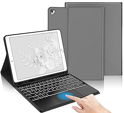 Coque Clavier avec Touchpad pour iPad 9.7'', Iipad 6ème Génération 2018/iPad 5ème 9.7 2017/IPad Air 2/1, Étui Clavier AZERTY Bluetooth pour Détachable avec Pavé Tactile et Porte-Stylo,Gris