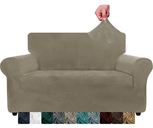 XINEAGE Samt Sofaüberzug 2 Sitzer, Stretch Sofa überzug für Wohnzimmer, Dicke Weiche Sofaüberwurf, Rutschfester Sofa Cover für Hunde, Haustiere (2 Sitzer, Khaki)