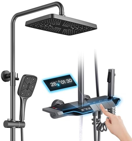 Columna Ducha Termostático Sistema de Ducha Con LED Pantalla Digital, Altura Adjustable Juego De Ducha, Ducha De Mano, 32CM Alcachofa De La Ducha, Grifo De Bañera, Bidé, Pistola Gris