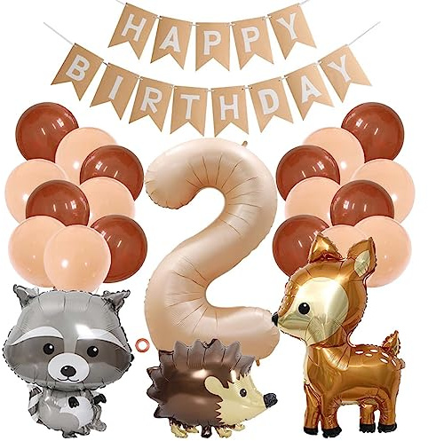 Jxuzh Geburtstagsdeko 2 Jahr Junge Mädchen - Luftballon Tiere Dschungel Waldtiere Aprikose Braun - Kindergeburtstag Deko 2. Geburtstag