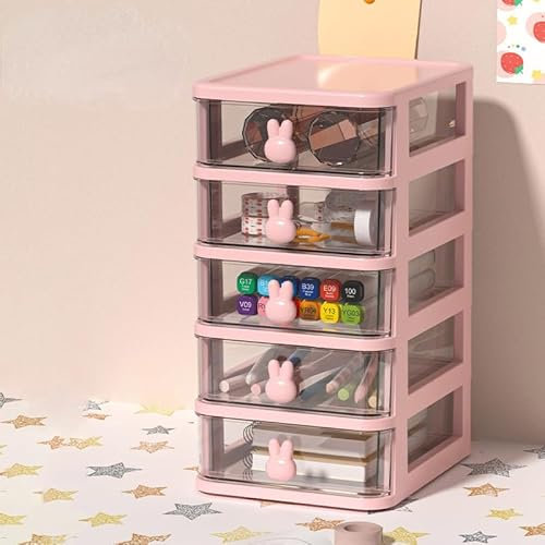 EHOTER Unité de rangement de bureau avec tiroirs - Organiseur de table avec poignée en lapin mignon - Tour de rangement pour bureau, chambre, garage (rose, 5 couches)