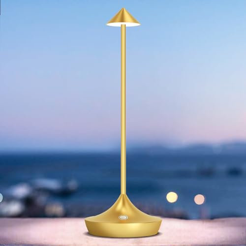 bravzurg LED Tischlampe Kabellos Akku, Tischleuchte Kabellose 6000mAh, Aluminium, Modern, Dimmbar, Wasserdicht, Tischlampen Aufladbar USB für Nachttisch Outdoor Restaurant Wohnzimmer – Gold