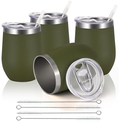 Joymaking Lot de 4 verres à vin en acier inoxydable avec couvercle, double paroi incassable, pour lait, café, vin, bière, champagne, cocktails, vert foncé