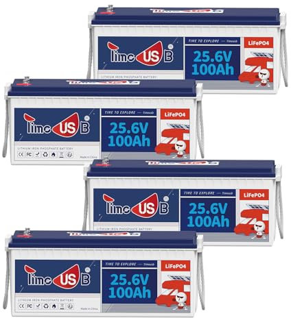 Timeusb 24V 100Ah LiFePO4 Batterie 4 Pack, 2560Wh Lithium Batterie, Deep Cycle Lithium Akku 100A BMS, 10 Jahre Lebensdauer mit Klasse A LiFePO4 Zellen für Wohnmobil Camper Energiespeicher Van Off-Grid