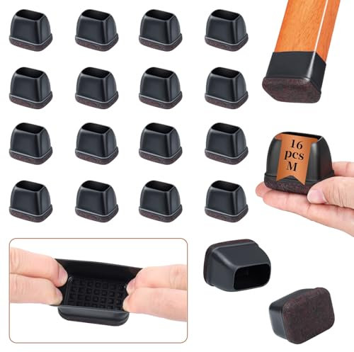 Protection Pied De Chaise, 16PCS Rectangulaire Patin Chaise Silicone, Noir Embout Pied De Chaise avec Tampon Feutré, Protéger Le Sol sans Bruit, Convient Largeur 18-22mm, Longueur 34-42mm