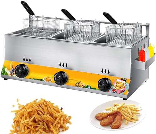 PixCy Friteuse Professionnelle,Machine Frites à Gaz,Friteuse Double Bac,Friteuse INOX,Cuve Amovible,pour Bâtonnets Pâte Frits/Huile,Friteuse Restaurant,3tank