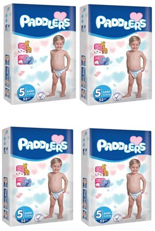 PADDLERS Junior Windeln - Kinderwindeln - Hochsaugfähige Windeln mit Nässeindikator - für Kinder im Alter von 24-36 Monaten, 11-25kg (Größe 5, 208 stück)