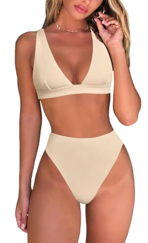 fatty tiger Damen-Bikini-Set mit hoher Taille, sexy brasilianisches Triangel-Top, tiefer V-Ausschnitt, zweiteiliger Badeanzug, Beige, Large