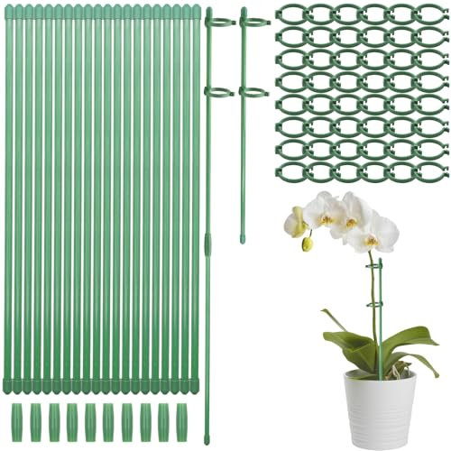 Scettar 20 Stück Pflanzenstütze, 30cm Pflanzenhalter für Orchideen, Zimmerpflanzen Stäbe Geeignet für Orchideen, Rose, Tomatenpflanzen, Blumenhalter mit 40 festen Schnallen und 10 Doppelpassrohre