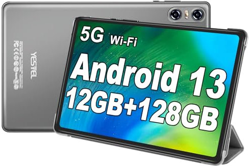 YESTEL Tablet 10 Pulgadas Android 13 con 12 GB RAM 128 GB ROM (1TB TF), GPS, 5G+2.4G Wi-Fi, 2.0 GHz, BT 5.0, 5 MP + 8 MP, Tablet con Funda, Gris