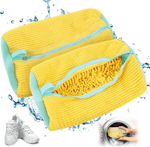 Sacchetti per Scarpe Lavanderia sacchetto scarpe lavatrice Scarpe, 2 pezzi, per lavatrice, anti-deformazione, Riutilizzabile e Resistente, biancheria, scarpe a rete, per scarpe da ginnastica (giallo)