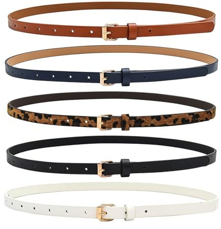 Keboyoe 5 Stück Skinny Frauen Ledergürtel Dünner Gürtel Damen Dünner Taillengürtel Schmaler Taillengürtel Verstellbar Damen Schmal Gürtel mit Goldschnalle für Hosen Jeans Kleider(5 Farben)
