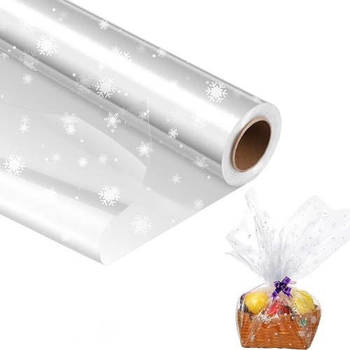 Papier Transparent Emballage, 2,5 mil Papier Cadeau Transparent, Papier cadeau, Papier Emballage Fleuriste, rouleau papier cadeau, papier cadeau rouleau (Motif de flocon de neige), 40 CM x 30 M