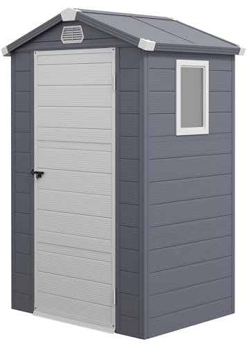 Outsunny 4 x 3ft Plastic Garden Storage Shed with Foundation Kit, Polypropylene Outdoor Storage Tool House with Ventilation Slots and Lockable Door, Grey