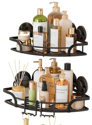 TAILI Lot de 2 étagères d'angle de douche à ventouse sans perçage avec crochets - Panier mural amovible en acier inoxydable - Noir
