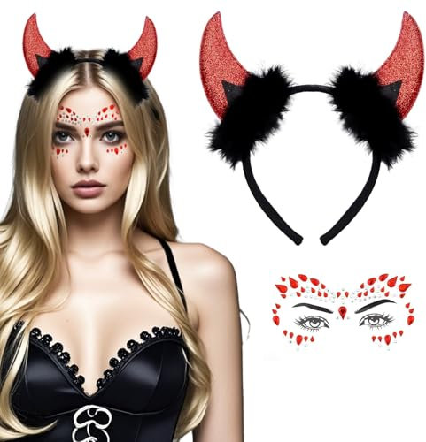 XDGBGFN Teufelshörner Haarreif mit Tattoo Gesicht Steine Teufel Kostüm Zubehör Glitzer Teufelshörner Halloween Teufel Teufel Accessoires Damen für Karneval, Cosplay, Halloween
