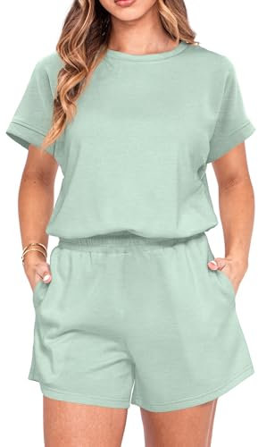 IWOLLENCE Hausanzug Damen Zweiteiler Sport Set Loungewear Damen Tracksuit mit Elastischem Bund und Taschen (Grün Grau, XL)