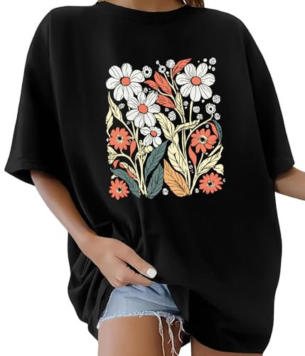Lonya T-Shirt Oversize pour Femme à col Rond Manche Courte Tee Shirt Grande Taille Créatives Vintage Rétro D'été Décontracté Coton Loose Haut Imprimé Marguerite Streetwear, E-Noir, XL