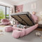 BTM Lit Double Rembourré 140x200, avec Éclairage LED, Lit Coffre 140x200 avec 2 Tabourets de Rangement et Sommier à Lattes, Conception d'oreilles de Lapin, Velours, Rose (sans Matelas)