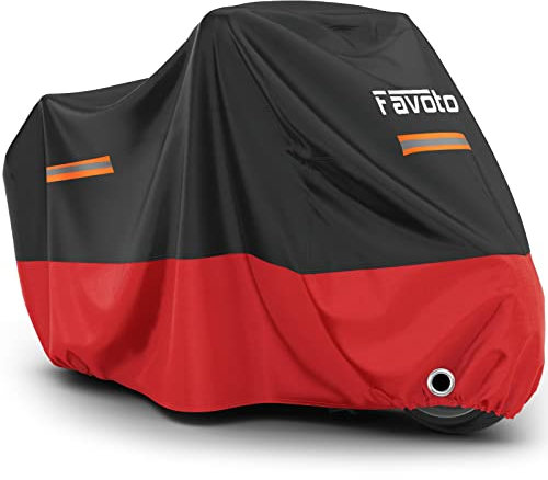 Favoto Funda para Moto Cubierta de Moto 210D Impermeable Protectora con Banda Reflectante a Prueba de Sol Lluvia Polvo Viento Nieve Excremento de Pájaro al Aire Libre, Negro+Rojo 265x105x125cm
