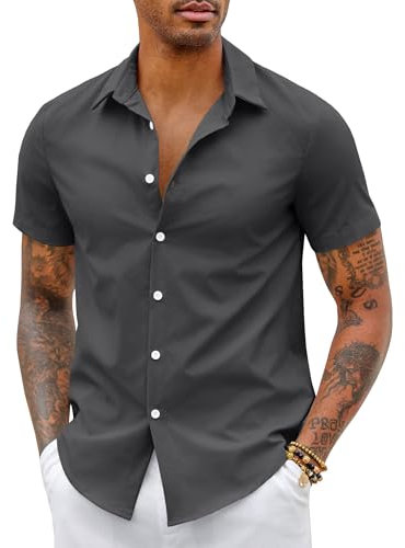 COOFANDY Mens Short Sleeved Shirts Non Iron Dress Shirts Casual Shirts Business Shirts Formal Shirts Work Shirts Slim Fit Shirts Button Up Office Shirts Dark Gray 5XL