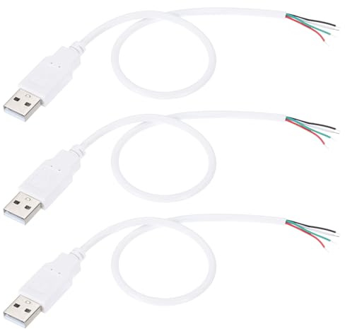 PATIKIL USB Stromkabel 1Ft USB 2.0 Stecker auf 4 Pin Blankdraht Pigtail Kabel, 3 Stücke 28AWG Datenstromkabel Verlängerungsadapter für Ladegeräte DIY Reparatur Ersatz, Weiß